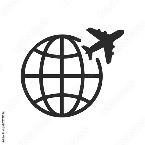 Globe with airplane icon representing global travel and aviation