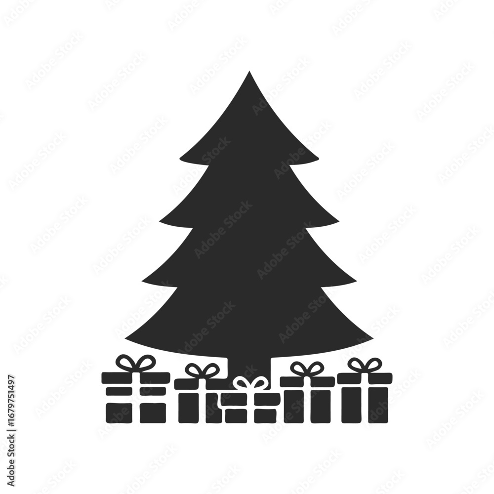 Fototapeta premium Silhouette of evergreen christmas tree with wrapped gifts in black and white
