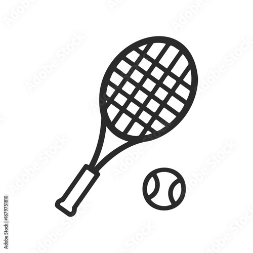 Outline of a tennis racket and ball on a white background