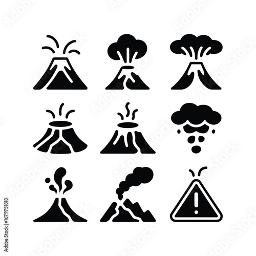 Set of nine volcano eruption icons displaying different stages of geological activity and danger symbols.