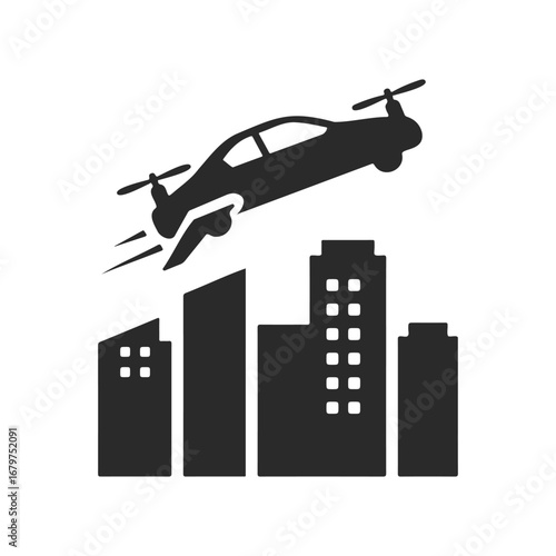 Flying car silhouette over city skyline with skyscrapers