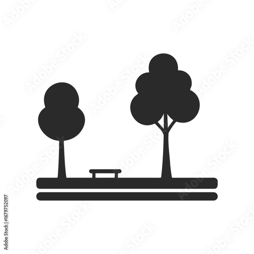 Minimalist park icon with trees and bench on white background