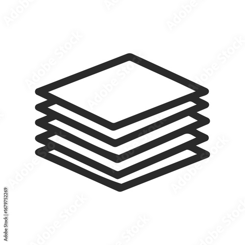 Minimalist icon of stacked papers in black and white design