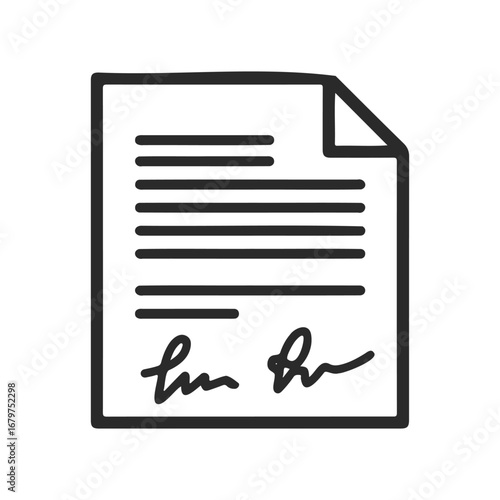 Simple black and white document icon with signature