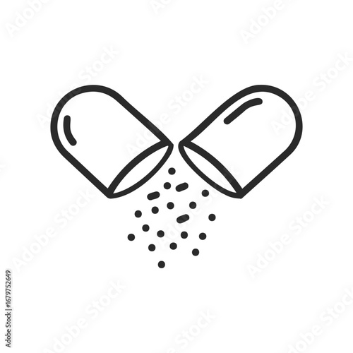 Open capsule icon with granules - medicine, capsule, health, pharmaceutical, icon