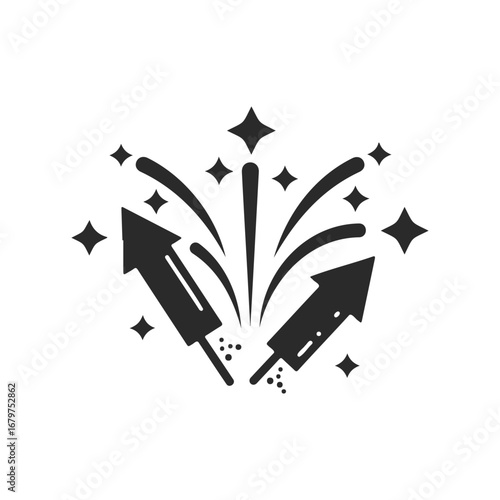 Black and white fireworks icons with exploding rockets and stars