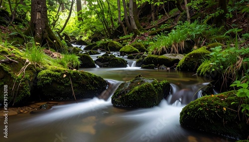 Lush forest stream flowing over rocks