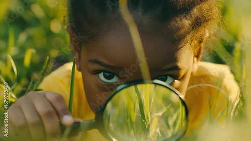 Girl using magnifying glass to observe insects in grass.