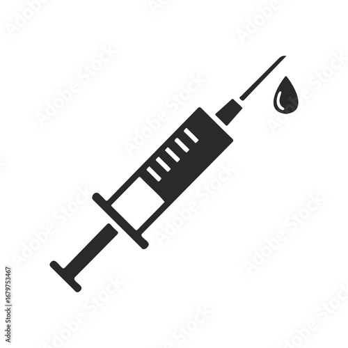 Black and white syringe with droplet icon symbolizing medical injection