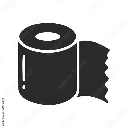 Minimalist black toilet paper roll icon on white background