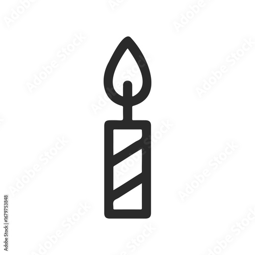Simple black and white striped candle icon with flame