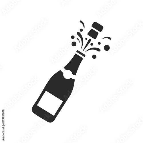 Champagne bottle popping with splashing bubbles icon in black