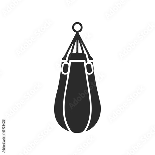 Silhouette of hanging boxing punch bag against white background
