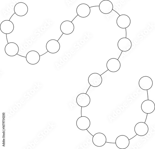 Continuous flowing path with circular elements arranged in a structured directional movement.