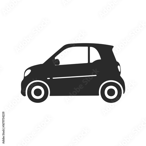 Minimalistic black silhouette of compact car on white background