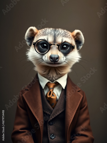 A dapper meerkat portrait, elegantly dressed in vintage attire, sporting a monocle and distinguished mustache.