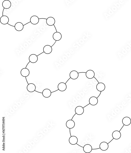 Abstract vector element consisting of a freeform, irregularly flowing line with circular connections arranged in a non-uniform sequence.