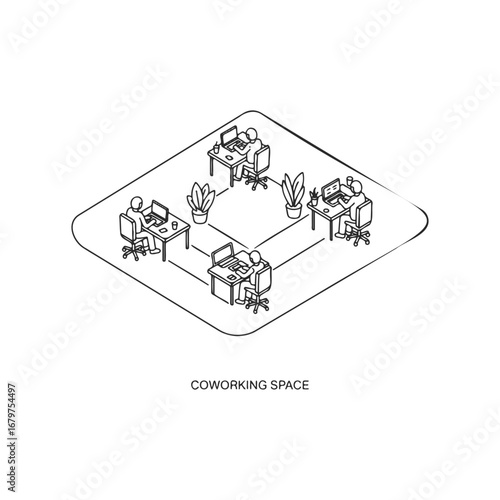 Minimalist coworking space design concept with office desks and laptops