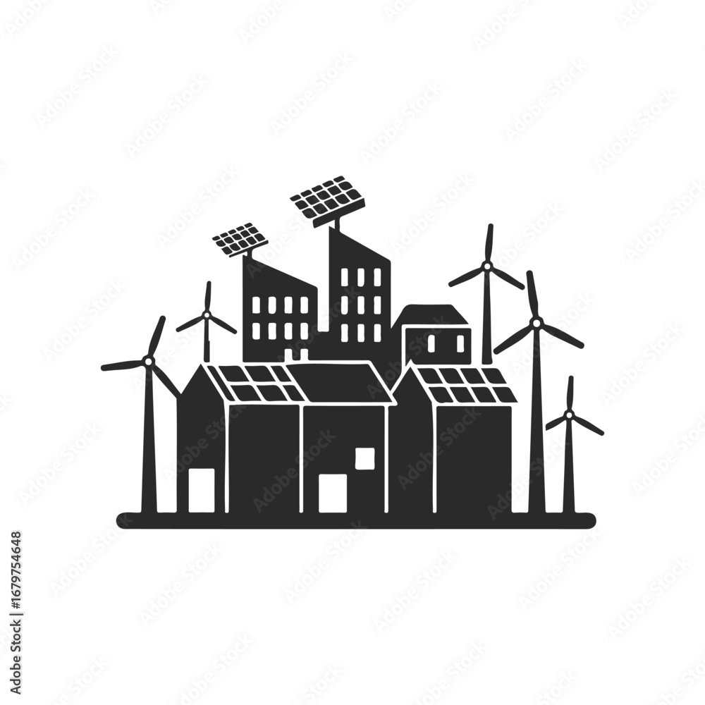 Fototapeta premium Eco-friendly urban landscape with solar panels and wind turbines