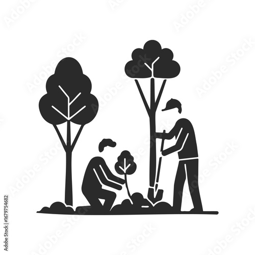 Silhouette of two people planting trees together