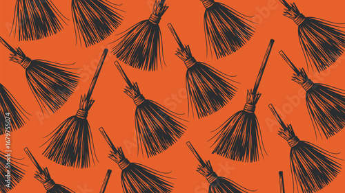 Spooky Halloween brooms pattern on vibrant orange background, perfect for festive decorations and projects