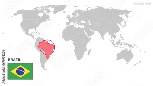 Brazil Map Video, highlighted in the world map with national flag and borders, perfect for presentations, travel, education, geography, and global studies.