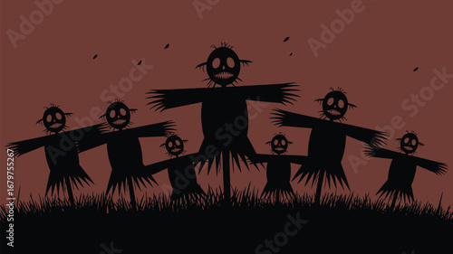Spooky scarecrows stand guard in a field creating a hauntingly festive autumn atmosphere