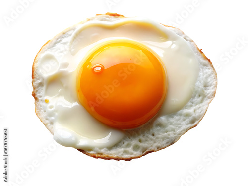 Sunny side up egg with bright orange yolk and white albumen isolated on a transparent background fried