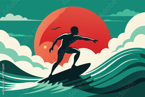 Silhouette surfer rides majestic wave under setting sun vector illustration
