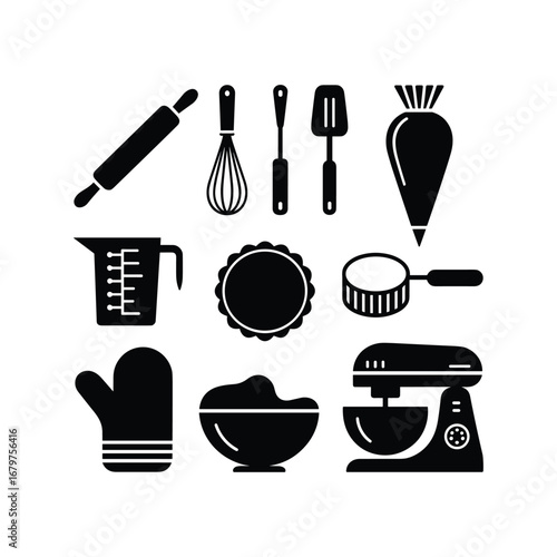 Collection of kitchen baking utensils including rolling pin whisk spatula measuring cup mixer mitt