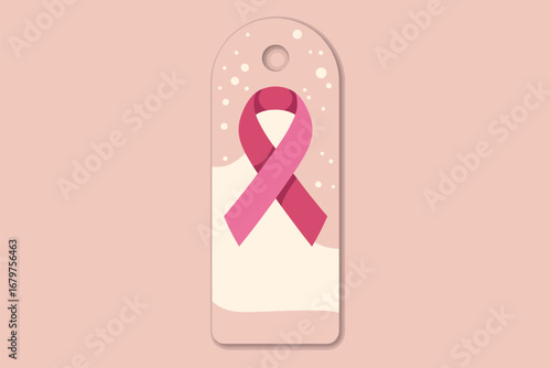 A pink ribbon on a tag with a hole at the top against a light pink background illustration art