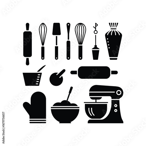 Collection of baking utensils and tools silhouettes for cooking and pastry making