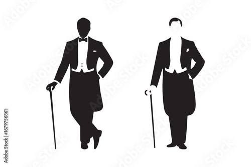 Two silhouetted figures in formal tuxedos with walking canes