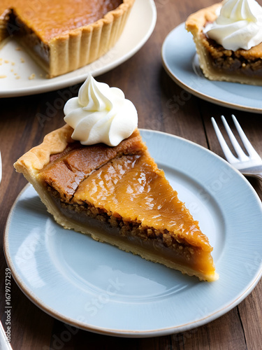 A serving of treacle tart, with a rich, sticky filling and a shortcrust pastry, garnished with a dollop of clotted cream.