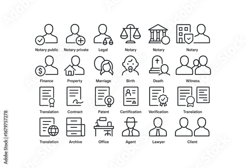 vector outline icons Notary (Roles) notary public notary private notary legal notary digital notary corporate notary estate notary finance notary property notary marriage notary birth.