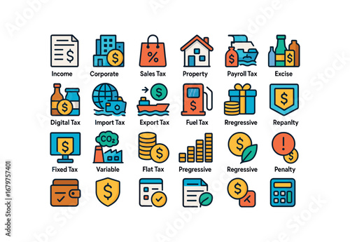 colorful flat vector icons Tax (Types) tax income tax corporate tax sales tax property tax payroll tax excise tax import tax export tax fuel tax luxury tax digital tax carbon tax flat tax.