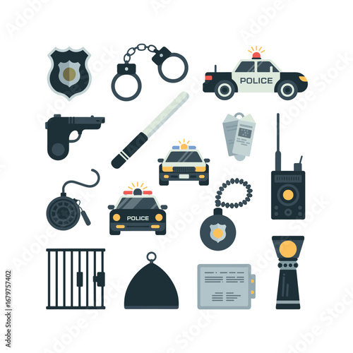 Collection of police equipment and vehicles icons including handcuffs patrol car gun badge and jail