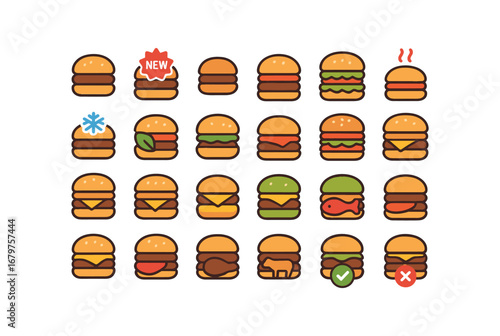 colorful flat vector icons Burger (Basic) burger icon burger new burger old burger small burger large burger hot burger cold burger fresh burger stale burger plain burger deluxe burger.