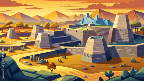 Great Zimbabwe Ruins, Zimbabwe, reveal dry-stone walls, conical towers, and monumental enclosures. Sunlight spreads across granite patterns; semi-realistic flat vector emphasizing scale, geometry, and