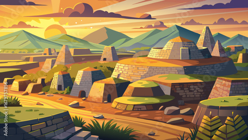 Great Zimbabwe Ruins, Zimbabwe, reveal dry-stone walls, conical towers, and monumental enclosures. Sunlight spreads across granite patterns; semi-realistic flat vector emphasizing scale, geometry, and