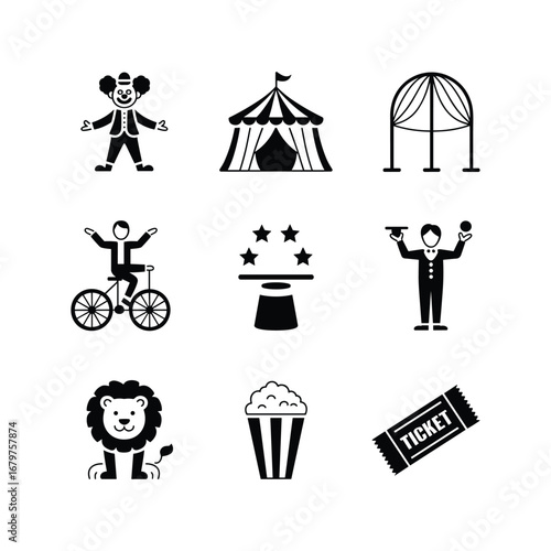 Collection of circus icons showcasing entertainment and performance elements for design