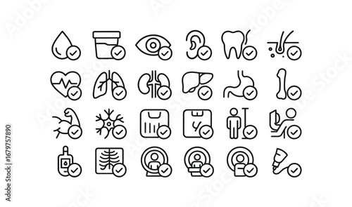 vector outline icons Checkup (Medical) checkup blood checkup urine checkup eye checkup ear checkup dental checkup skin checkup heart checkup lung checkup kidney checkup liver checkup.