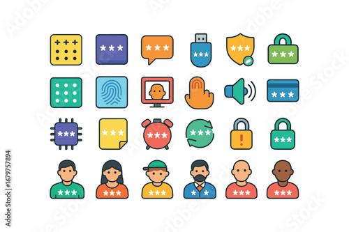 colorful flat vector icons Password (Types) password pin password passcode password phrase password token password key password otp password pattern password biometric password face.