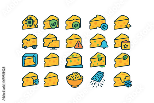 colorful flat vector icons Cheese (Advanced) cheese smart cheese organic cheese natural cheese processed cheese cheese pasteurized cheese track cheese monitor cheese alert cheese notify.