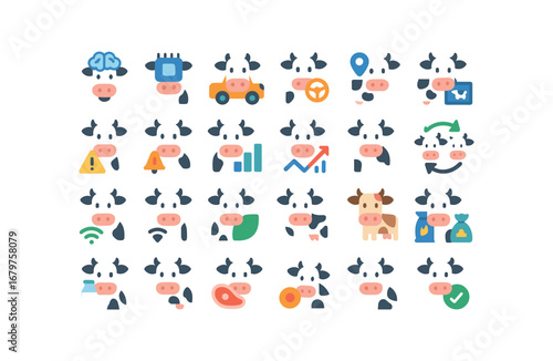 colorful flat vector icons Cow (Advanced) cow smart cow ai cow auto cow manual cow tracker cow monitor cow alert cow notify cow stats cow chart cow graph cow report cow synced cow unsynced.