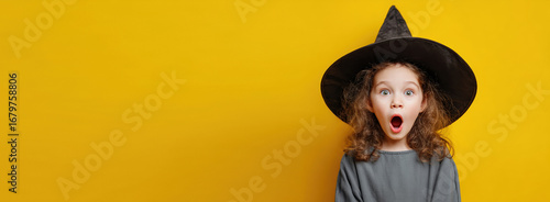 Excited, surprised kid girl wearing a witch hat costume on Halloween, isolated on a yellow studio background. Seasonal sale and discount