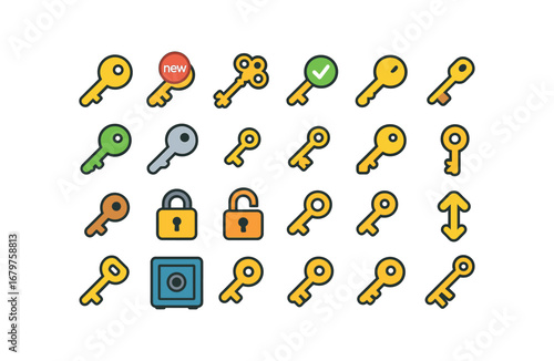 colorful flat vector icons Key (Basic) key icon key new key old key valid key invalid key active key inactive key small key large key gold key silver key bronze key locked key unlocked key.