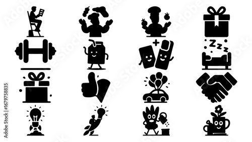 Employee Benefits Icons Silhouettes Solid Black Color On White Background