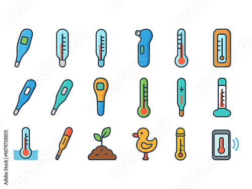 colorful flat vector icons Thermometer (Types) thermometer digital thermometer analog thermometer mercury thermometer alcohol thermometer ear thermometer oral thermometer rectal thermometer.