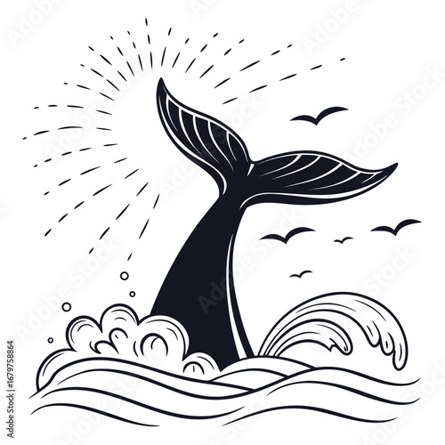 Whale tail splashing into glowing storm silhouette